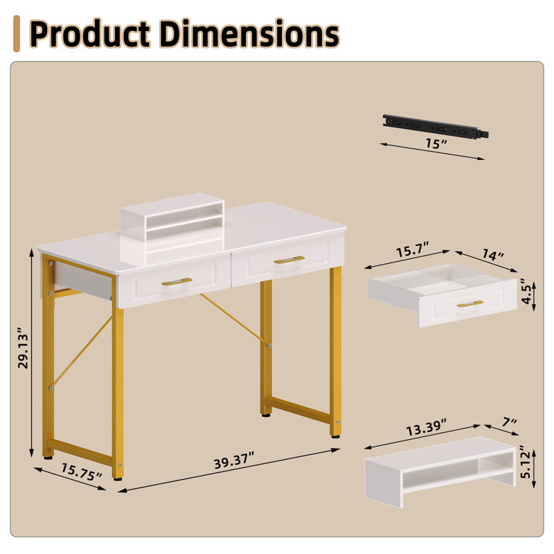 Darl Writing Desk with Wooden Drawers, White, 29.13" H x 39.37" W x 15.75" D