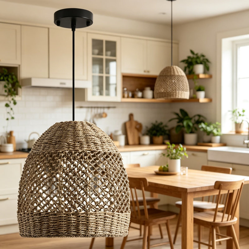 Luminaire suspendu 2 lumières en rotin de 13 po en rotin naturel tissé à la main Boho