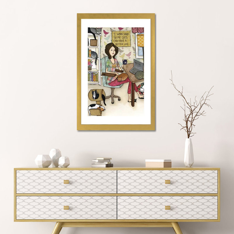 « Cats Better Life » par Jamie Morath-impression, Blanc, Papier encadré doré, H 24 po x l 16 po x P 1 po