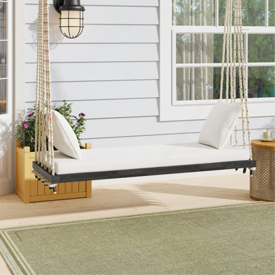 Balancelle de patio en bois, banc de balancelle suspendu avec coussin et coussins, cordes en chanvre de 10,8 pi pour le jardin, la cour, la pelouse, brun