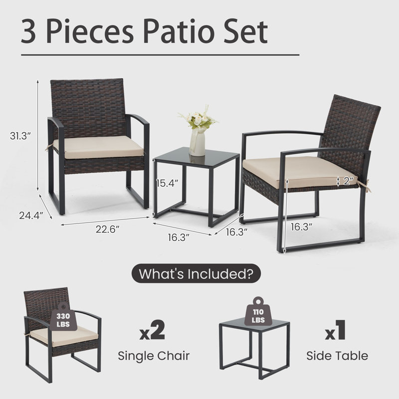  Ensemble de 3 chaises bistro en rotin avec coussins et table basse, Beige, Brun