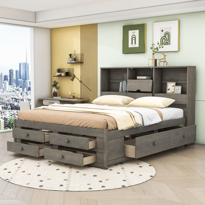 Lit plateforme très grand avec rangement pour tête de lit et 8 tiroirs Brinslee, gris