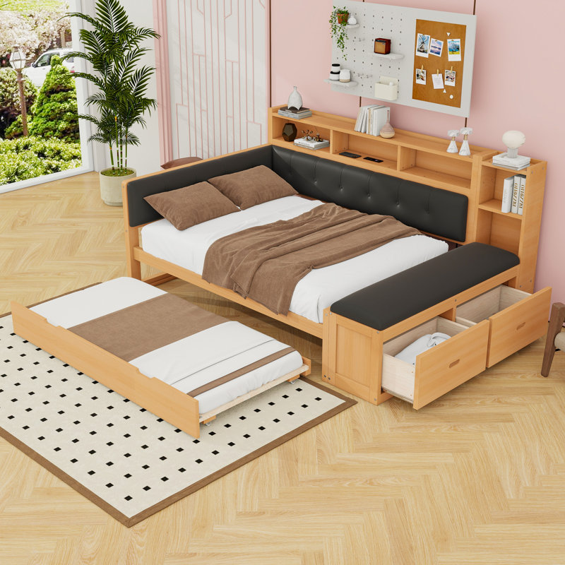 Full Wood Daybed with Trundle, Built-in Storage and USB Charging Ports, Black Natural