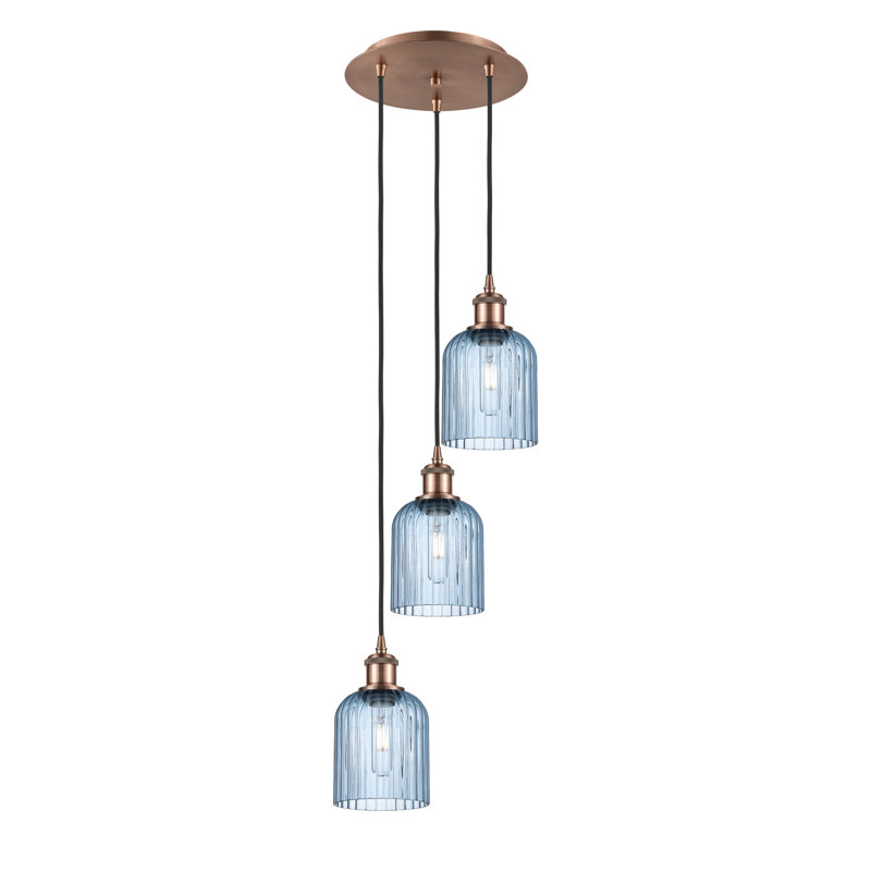 Luminaire suspendu en grappe à 3 lumières Fiennes, Cuivre antique, Bleu princesse
