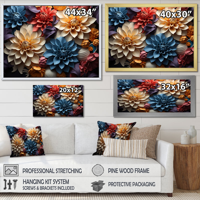 Dahlia Field Vibrant Composition II - Floral Wall Decor, Cadre flottant noir, H 12 po x l 20 po x P 1 po