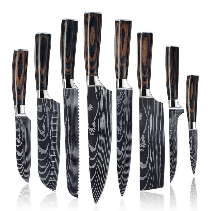Senken Knives Senken Knives Complete 8-Piece Japanese Kitchen Knife Set With Damascus Pattern - The Imperial Collection - Japanese Chef Knife Set with Smooth Wooden Handles - Ultra Sharp for Fast Cutting