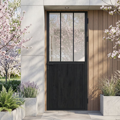 Porte intérieure en aluminium noir mat 32 po × 80 po, panneau supérieur en verre trempé à rayures soyeuses et panneau inférieur en MDF à grain de bois, porte simple à ouverture réversible