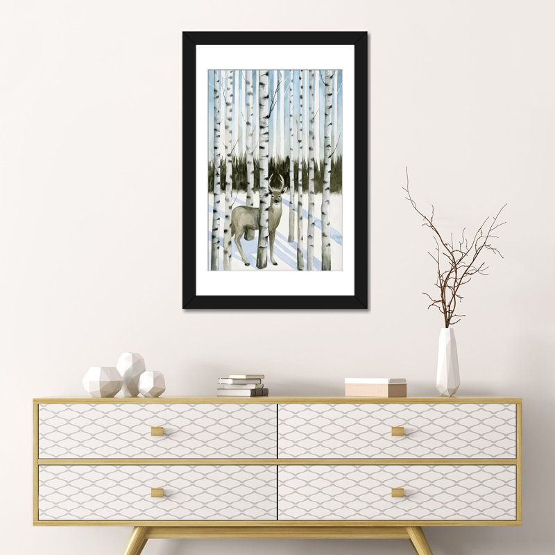 «Deer in Snowfall I» par Grace Popp - impression sur toile, H 24 po x l 16 po x P 1 po, Papier d'art encadré noir, Blanc