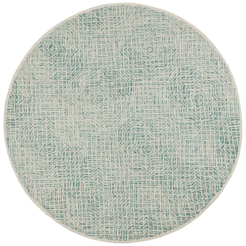 Milbridge Geometric Handmade Tufted Wool Blue/Ivory Area Rug, Round 7'