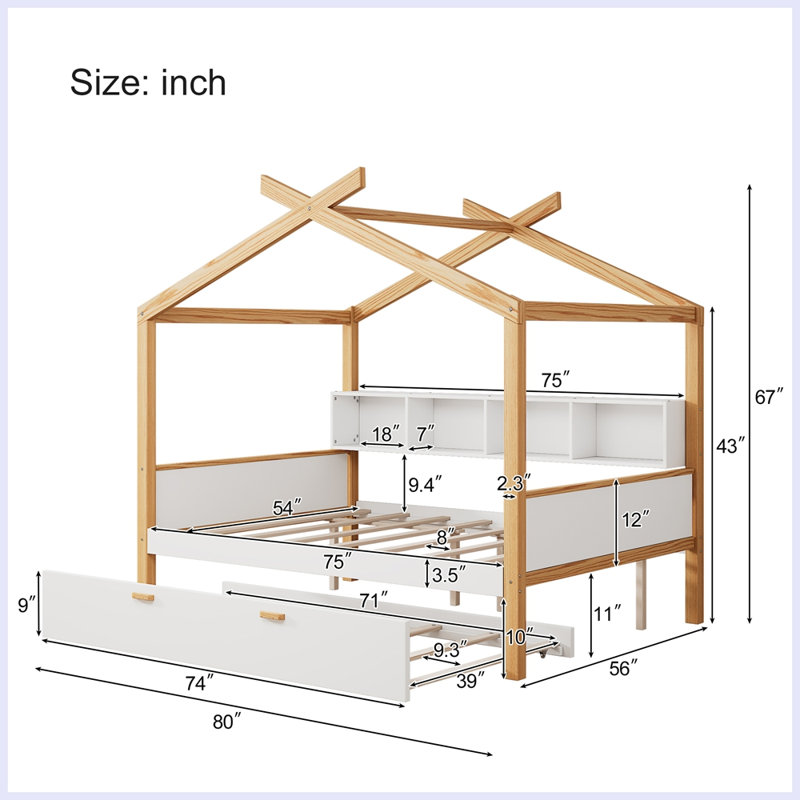 Lit en bois blanc avec lit gigogne à cadre en bois original et bibliothèque pour enfants ou chambre d'amis