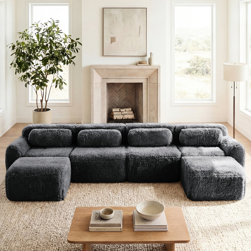 Canapé d'angle modulaire 4 places en forme de U, sans ossature, avec mousse 32D, base antidérapante, confort ergonomique, sans montage, gris foncé, idéal pour le salon et le bureau. Siège antidérapant à haute résilience.