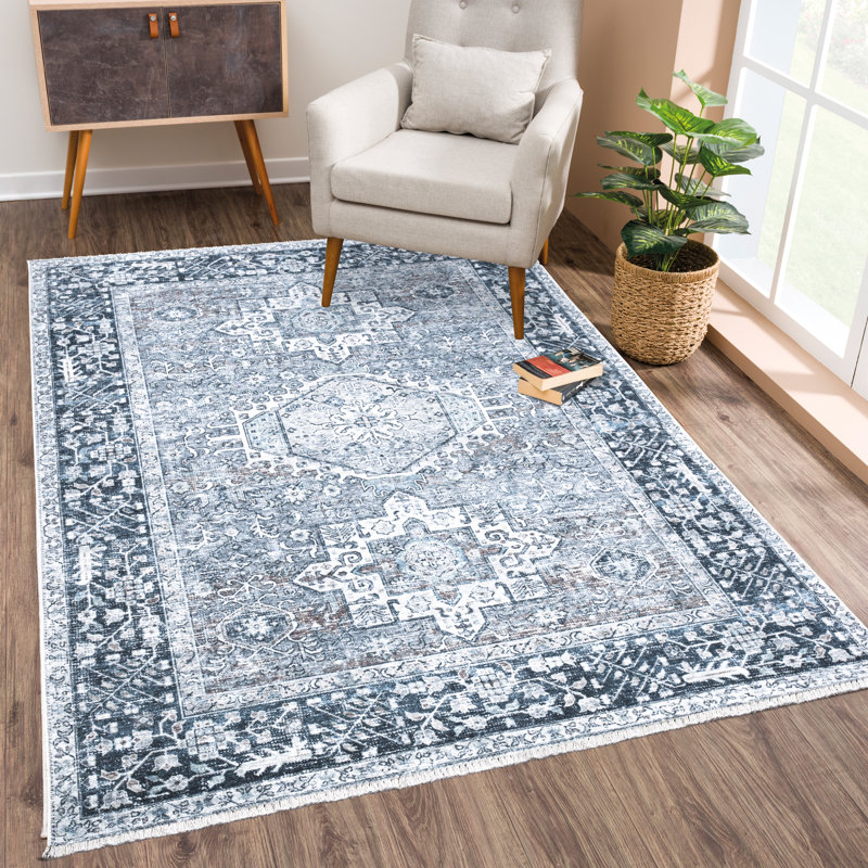 Tapis bleu marine lavable antidérapant traditionnel - Donatas, Rectangle 9 pi x 12 pi