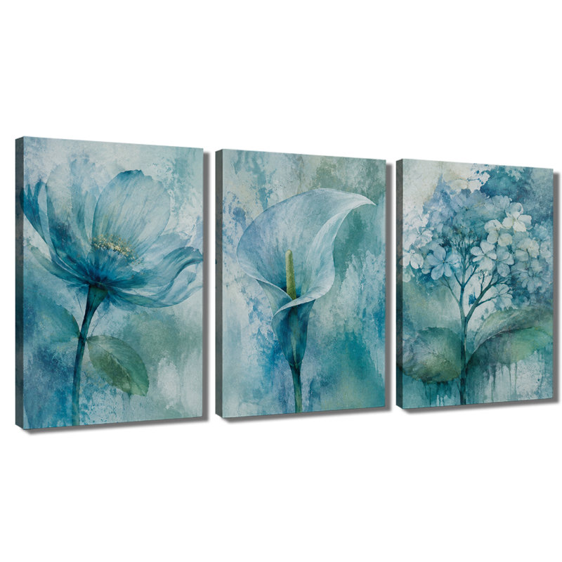 3 panneaux muraux, aquarelle bleue, lis de Calla et impression sur toile à motif floral, 20 * 30 pouces * 3