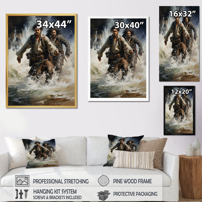 Pirate Swashbuckling Duel - Pirate Canvas Art Print, H 40 po x l 30 po x P 1,5 po, Encadrement doré