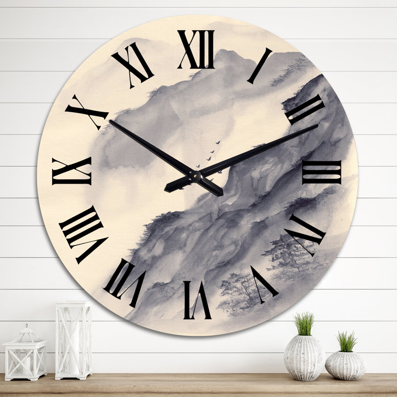 Montagnes asiatiques grises avec oiseaux - horloge murale moderne, Grand