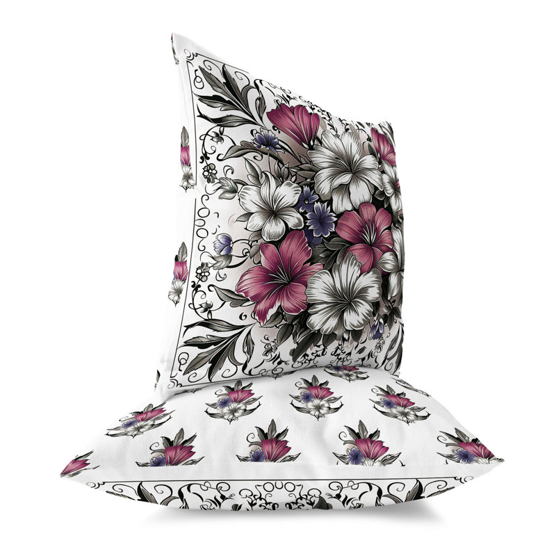 Coussin décoratif intérieur / extérieur Hibiscus Haven, H 18 po x l 18 po, Gris / Rose