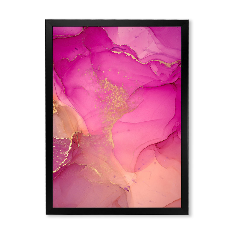 «Pink and Gold Ink Clouds», peinture sur toile, H 44 po x l 34 po x P 1,5 po, Cadre photo noir