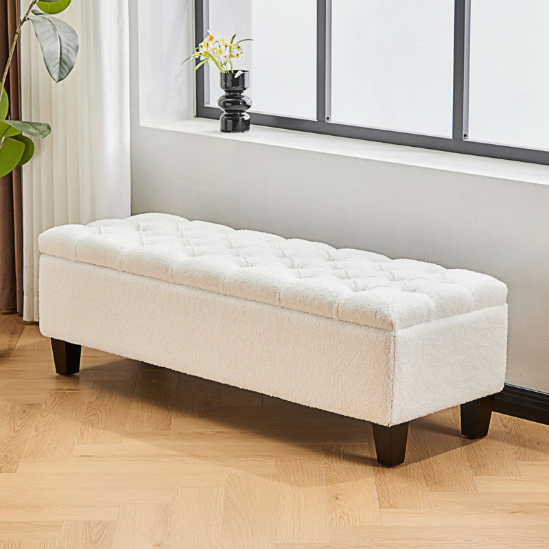 Banc repose-pieds avec rangement, surface Whiteboucle, pieds en bois d'hévéa, capacité de 300 lb