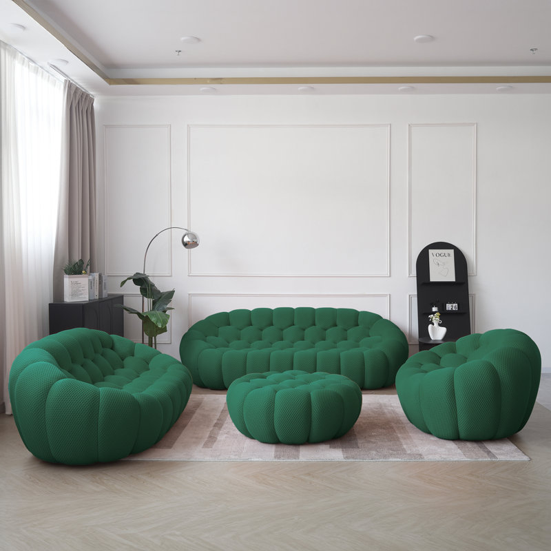 Ensemble de salon rembourré en forme de citrouille avec repose-pieds 4 pièces Cenie (6 places), Vert