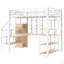 Lit mezzanine double en métal avec escalier de rangement et petite armoire, bureau intégré et tablettes de rangement-110657565
