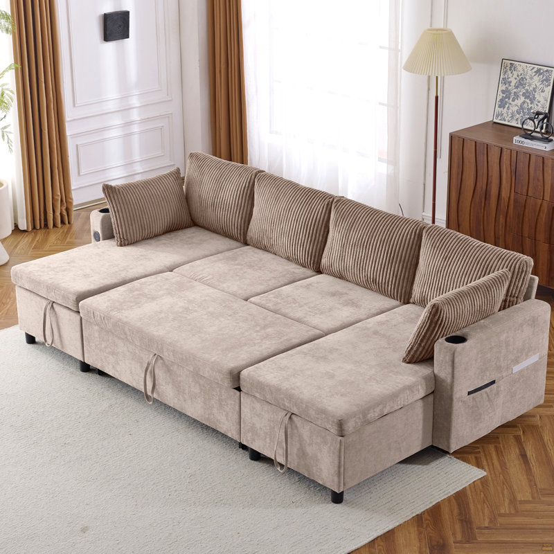 Canapé-lit modulaire escamotable avec grand espace de rangement, deux ports USB et deux porte-gobelets, Chenille brun