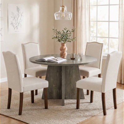 Round Pedestal Dining Table Set with 2/4/6‑Pack Upholstered Parsons Dining Chairs, Multi‑Finish Wood Table for Dining Room & Kitchen