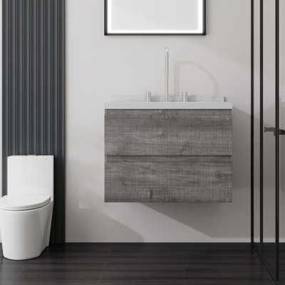 Meuble-lavabo flottant 24 po avec lavabo, tiroir à fermeture douce, comptoir et dosseret en marbre de culture blanc de 2 po Carrara, contreplaqué, gris