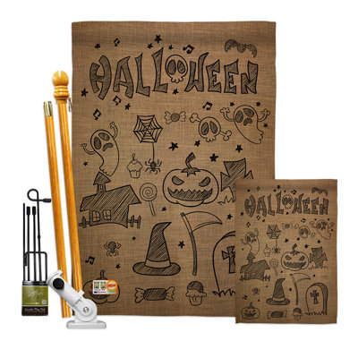 Doodles d’halloween-impressions décoratives en polyester 2 faces 40 x 28 po ensemble de drapeaux