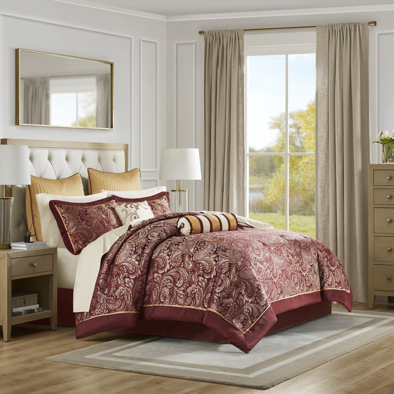 Ensemble d'édredon luxueux 12 pièces à motif cachemire avec draps en coton - Grand, rouge