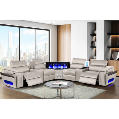 Canapé modulaire gris en forme de L moderne avec 2 consoles de lecture + réfrigérateur, coin haut-parleur, barre à DEL, 4 sièges, mi-ferme, robuste, accoudoirs carrés, similicuir, cadre en bois, base de recharge sans fil,