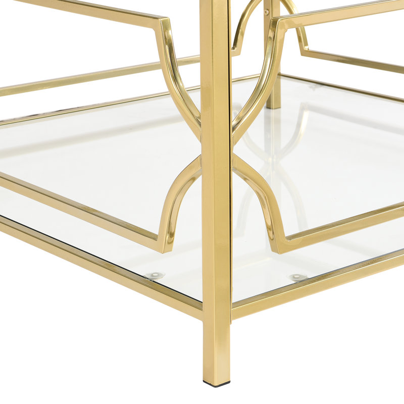 Table basse carrée en verre 33,5 po, structure en métal géométrique dorée, tablette inférieure pour ranger les magazines et les objets décoratifs