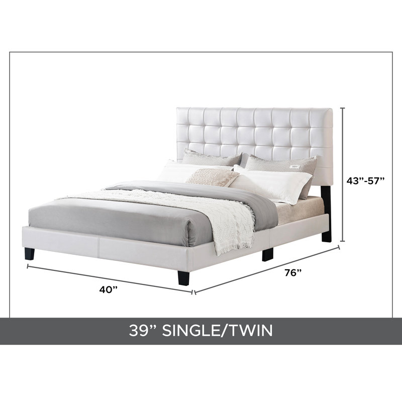 Lit plateforme tapissier contemporain avec tête de lit ajustable, lit en similicuir, blanc, simple, Lit simple, Blanc