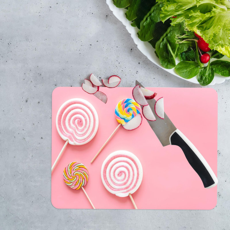Planche à découper en verre moderne à thème en sucre rose conçue pour servir des barres chocolatées, idéale comme cadeau personnalisé