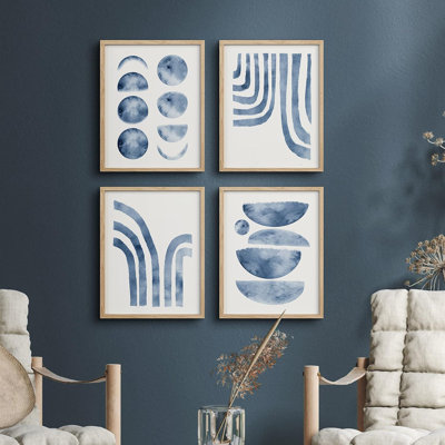 " Watercolor Blue Semi Circle Polygon Variety " 4 - Pieces