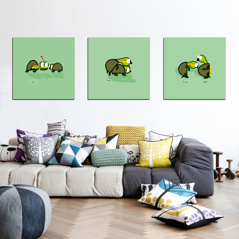 « flirty turtle series », ensemble de 3 reproductions d’art sur toiles "triptyque" par chuck wimmer