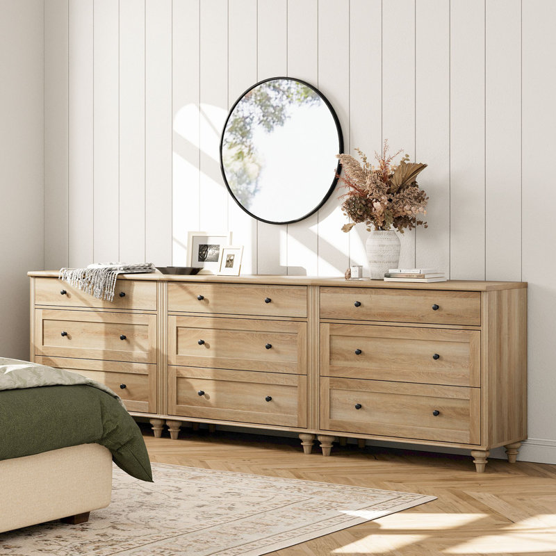 Scarlett Oak Dressers With 9 Wide Chest Of Drawers, Large Wood Dressers For Living Room, Nursery, Hallway