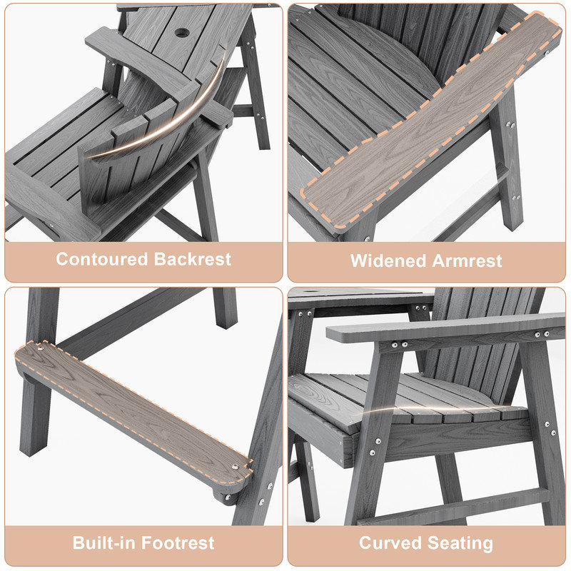HDPE Tall Outdoor Adirondack Chair Set with DoubleRemovable Trays in Gray