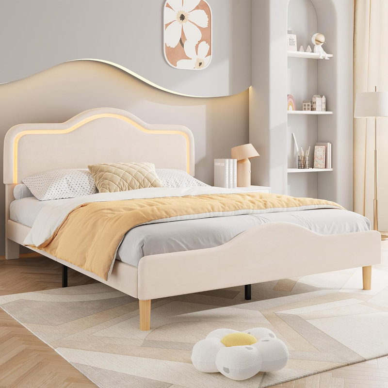 Full Size Upholstered LED Bed Frame with Adjustable Headboard and Footboard, Velvet Princess Platform Bedframe for Kids/Girls