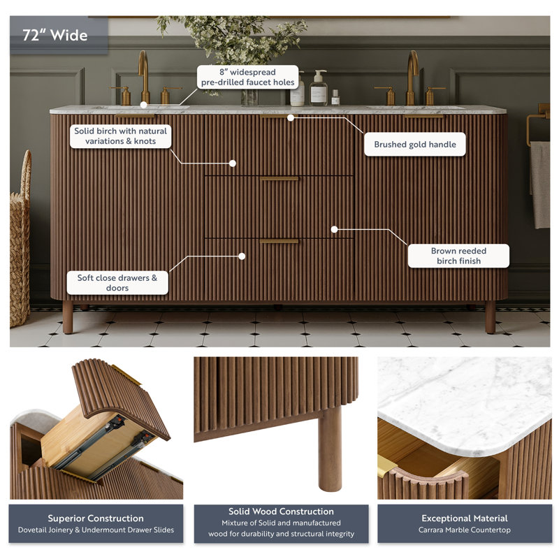 Kensington 72" Bathroom Vanity in Fluted Birch, Brown Reeded Birch