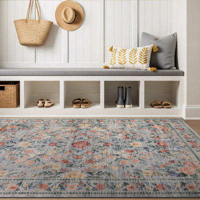 Tapis bleu marine antidérapant Floral Garden