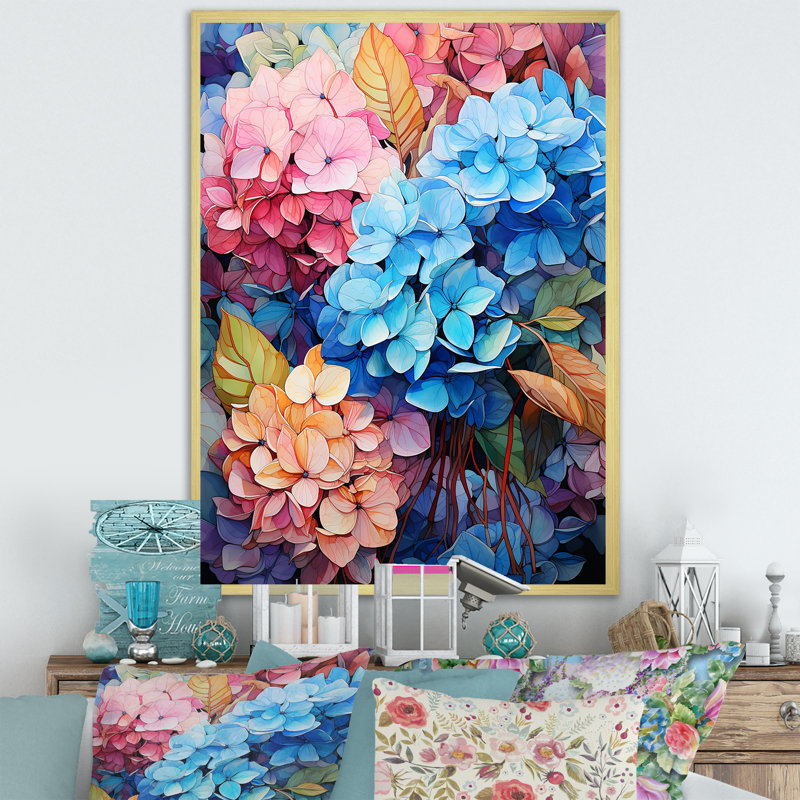 Hortensia bleue et orange II sur toile, Cadre photo doré, H 40 po x l 30 po x P 1,5 po