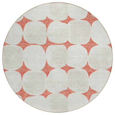 8' Salmon Beige And Ivory Round Abstract Washable Indoor Outdoor Area Rug