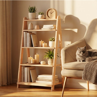 Solid Wood 5-Tier Ladder Shelf – Small Size (31.5"H × 18.9"L × 15.5"W), Multi-Functional Corner Shelf, Side Table & Plant Stand, Storage Shelving For Living Room, Bedroom, Small Bathroom