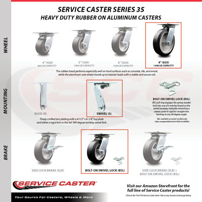 Rubber on Aluminum Caster Set with Roller Bearing 4 Swivel Lock 2 Brake