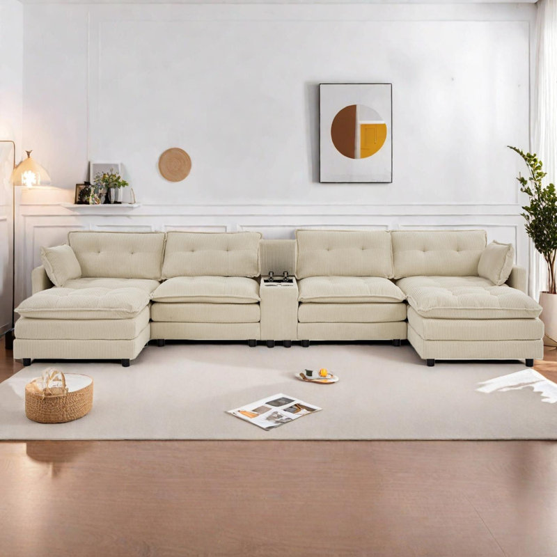 Canapé modulaire en U modulaire avec repose-pieds et ports USB, Beige