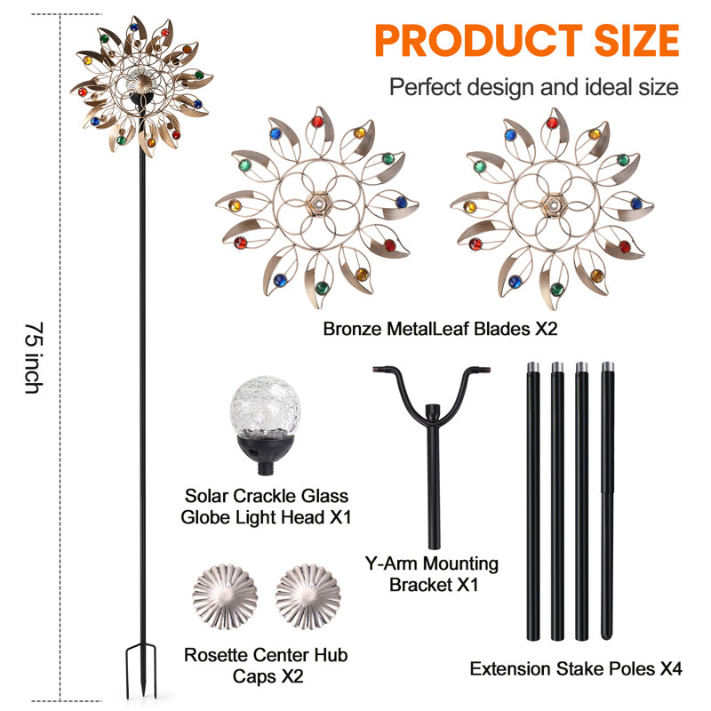 75 Inch Solar Flower Wind Spinner, Colour Changing LED Metal Wind Sculpture Stake, Rustproof Outdoor Yard Art Decor for Lawn, Garden & Pathway