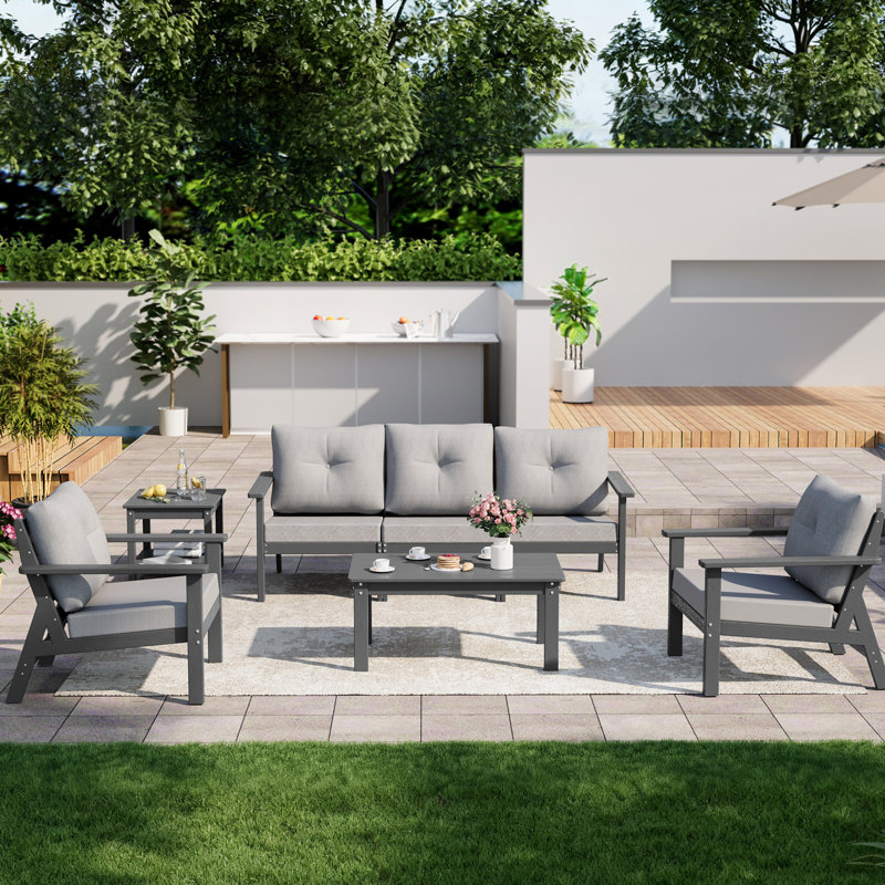 7-Piece HDPE Patio Conversation Seating Set with Cushions, Gray