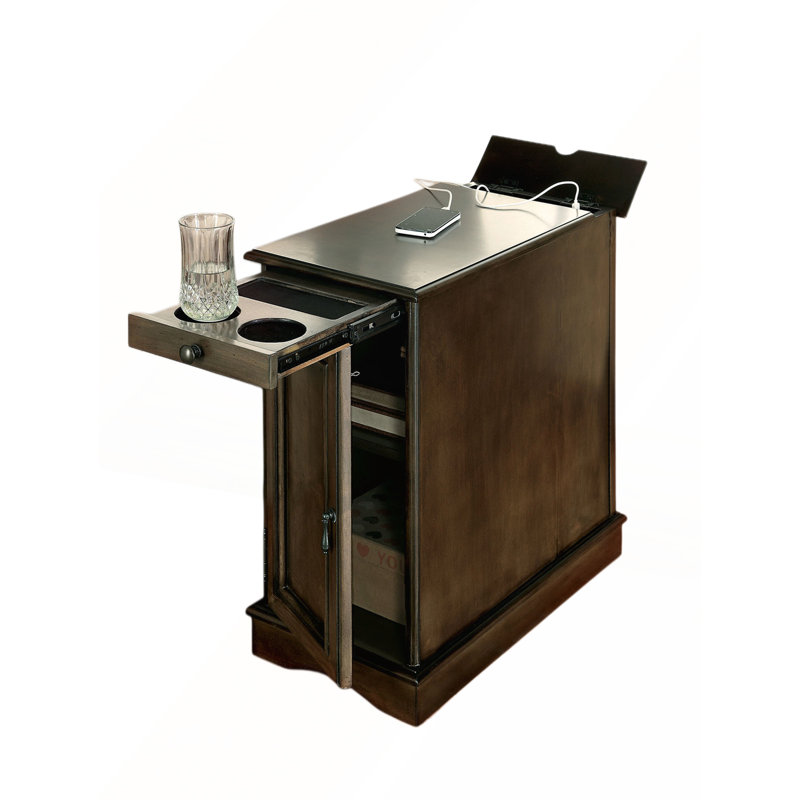 Transitional Side Table with Pull-Out Cup Holder and Built-In USB Outlet for Modern Convenience, Gray