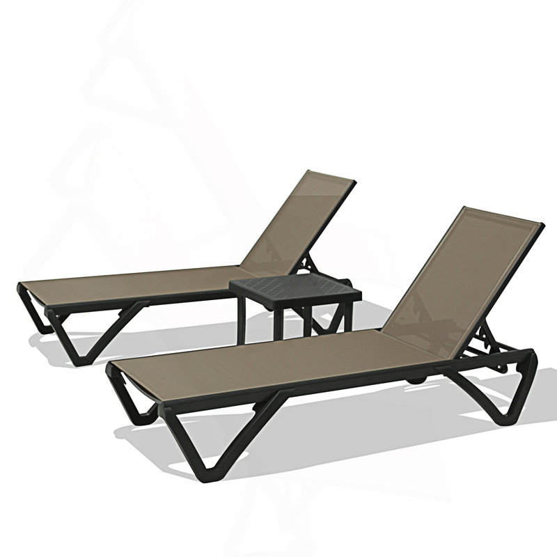 Ensemble de 2 chaises longues de piscine avec table d'appoint, chaise longue d'extérieur réglable avec roulettes, Kaki