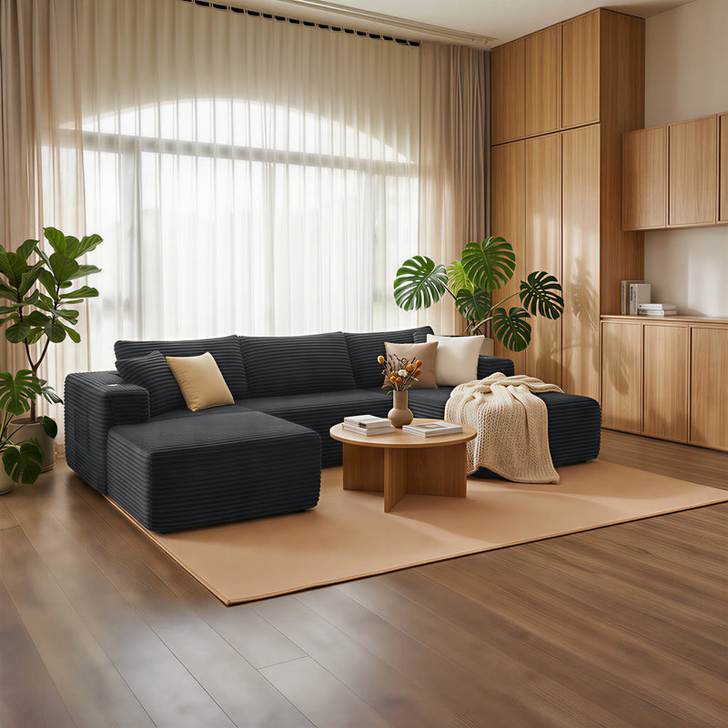 108" Right Hand Facing Corner Sectional With Chaise And Ottoman Corduroy Upholstered Compression L-Shaped Sofa